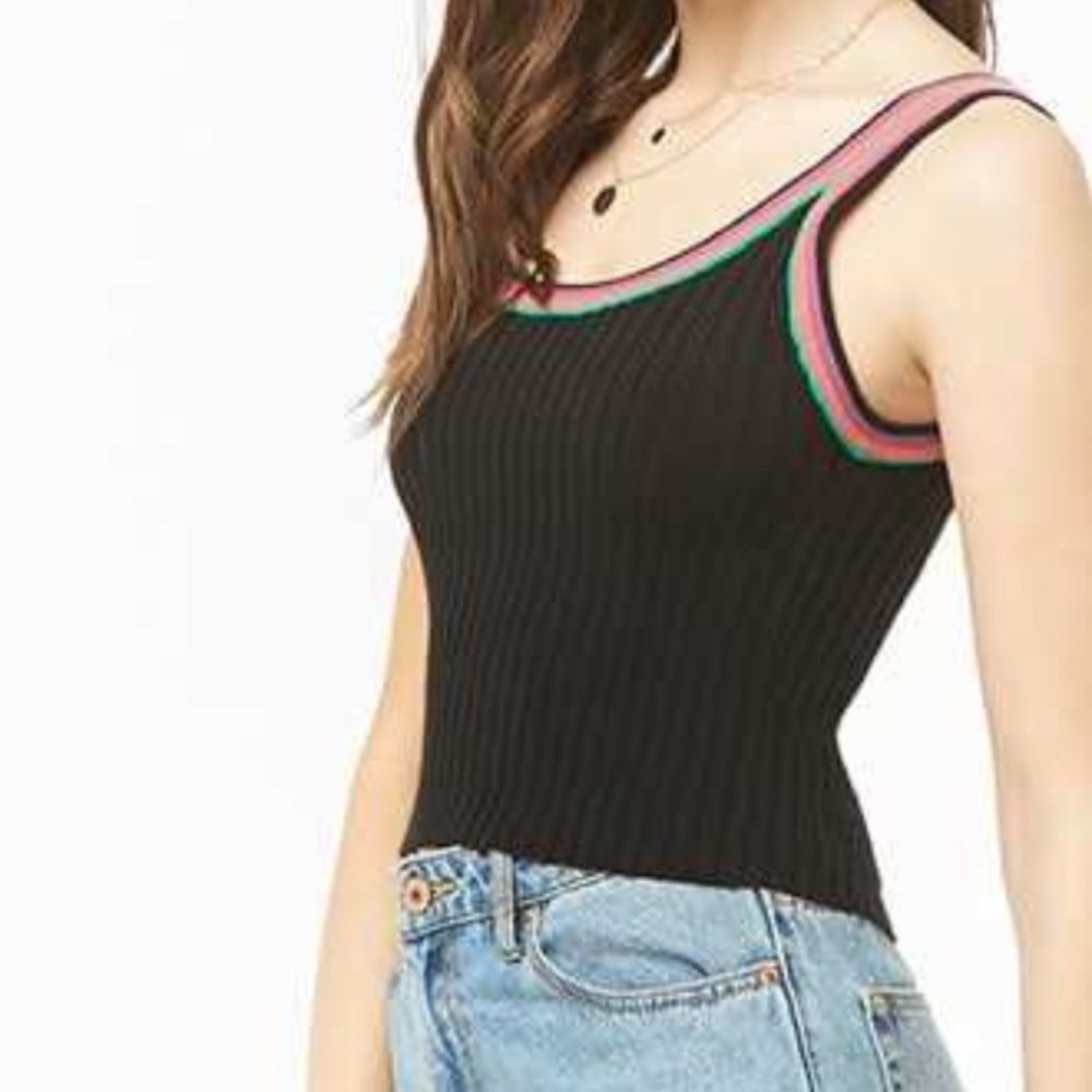 Black Stretchy Forever 21 Cropped Tank Striped Scoop Neck M - Picture 2 of 7